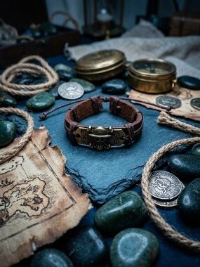 Hand Crafted Brown Leather Bracelet with Brass Skull Plate